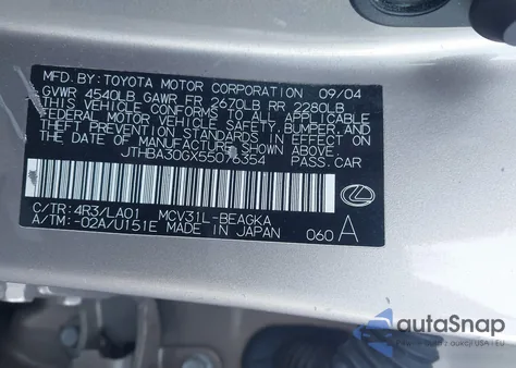 2005 Lexus Es 330 from USA, damaged, VIN JTHBA30GX55076354